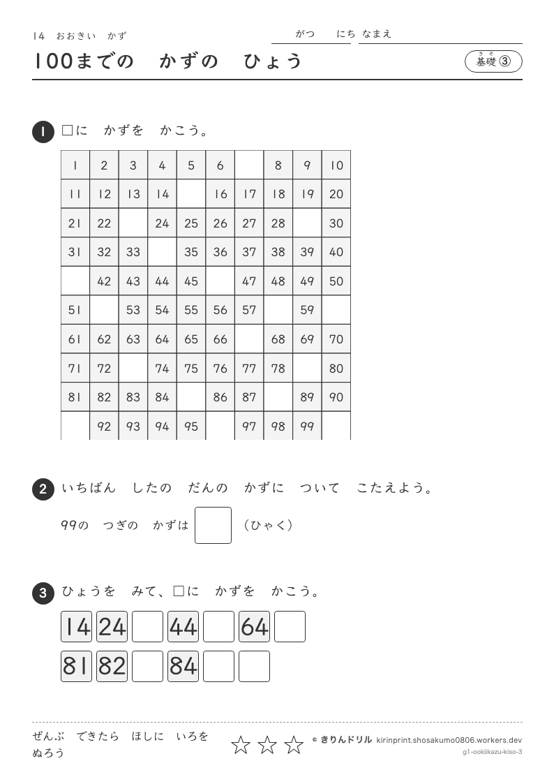 おおきいかず 基礎③ 100までのかずのひょうのプレビュー