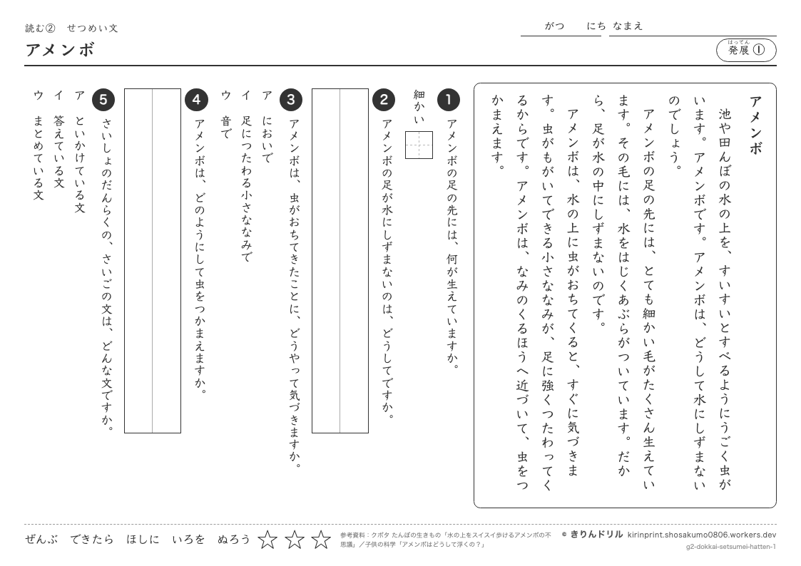 読解 せつめい文 発展① アメンボのプレビュー