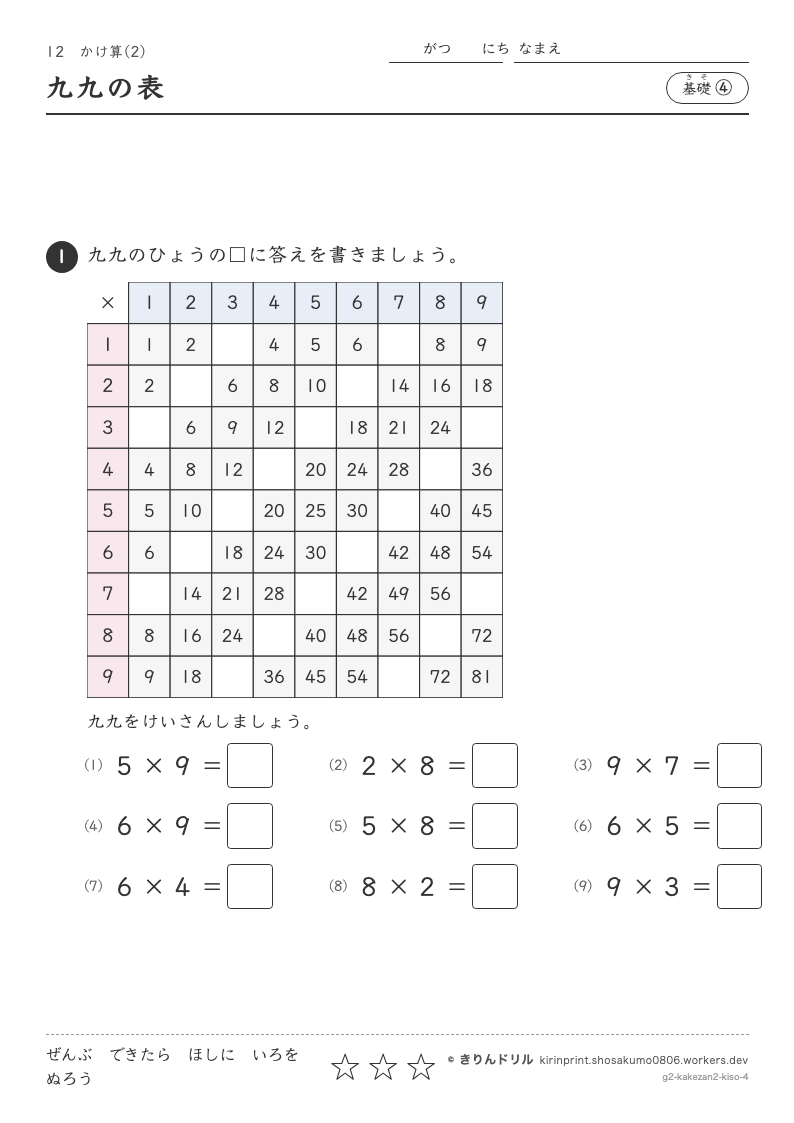 かけ算(2) 基礎④ 九九の表のプレビュー