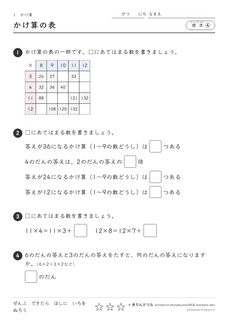 かけ算 標準④ かけ算の表のプレビュー