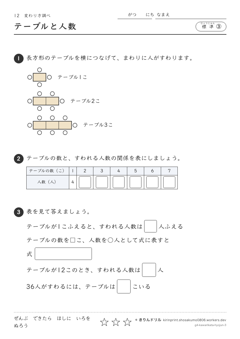 変わり方調べ 標準③ テーブルと人数のプレビュー