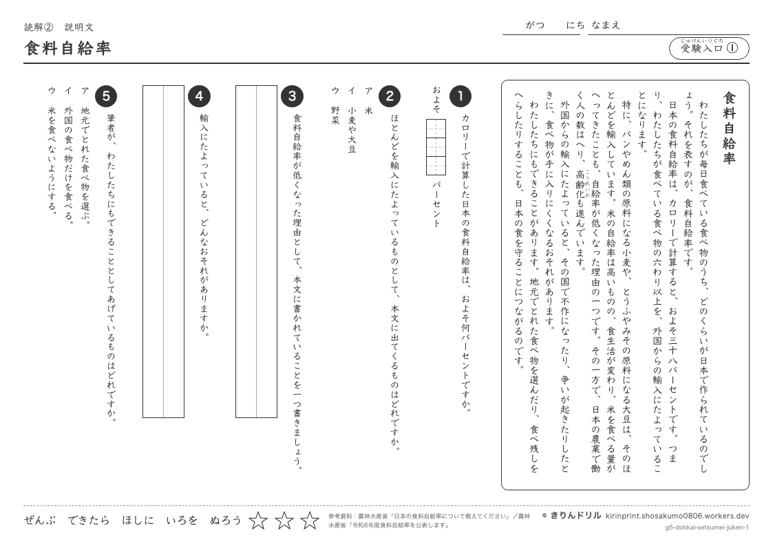 読解 説明文 受験入口① 食料自給率のプレビュー
