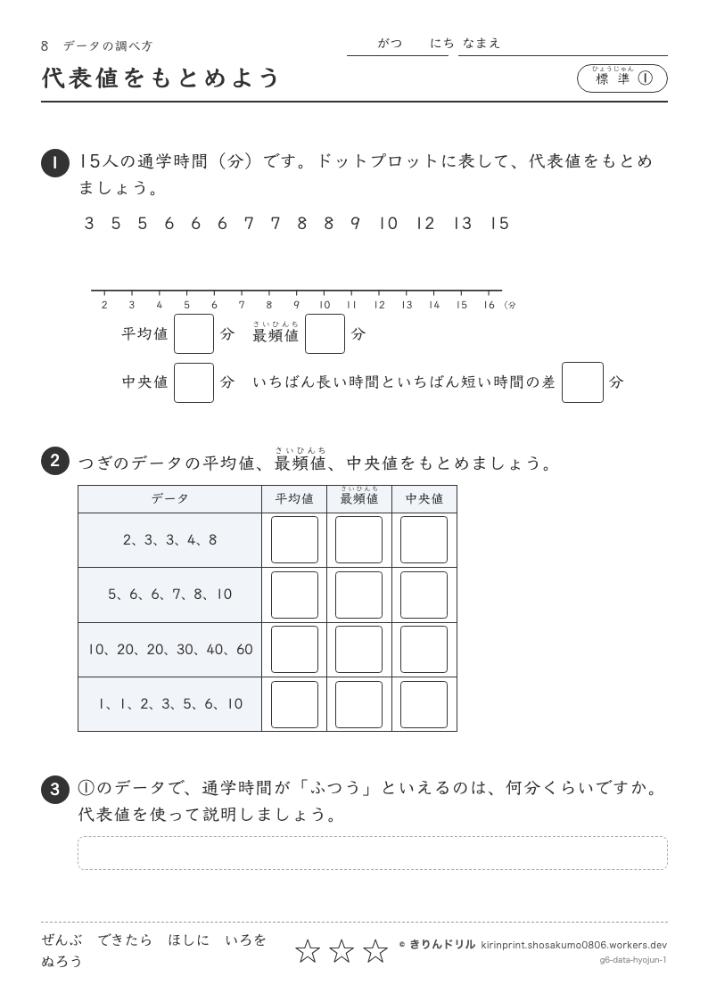 データの調べ方 標準① 代表値をもとめようのプレビュー