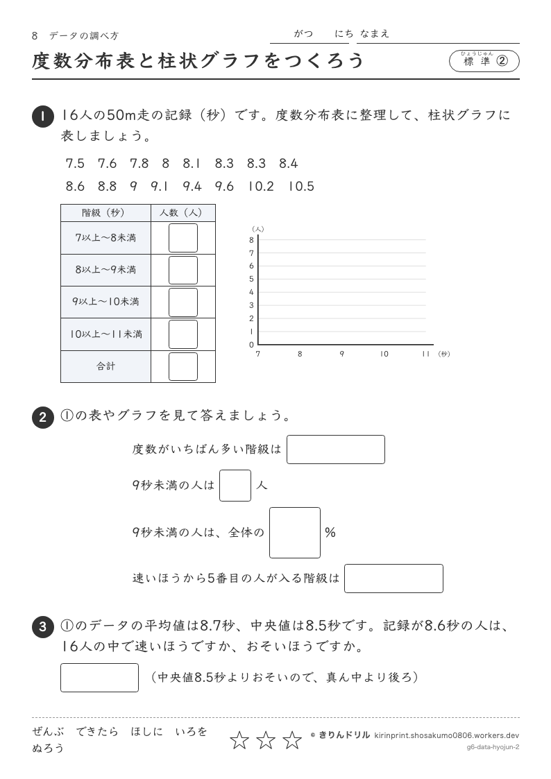 データの調べ方 標準② 度数分布表と柱状グラフをつくろうのプレビュー