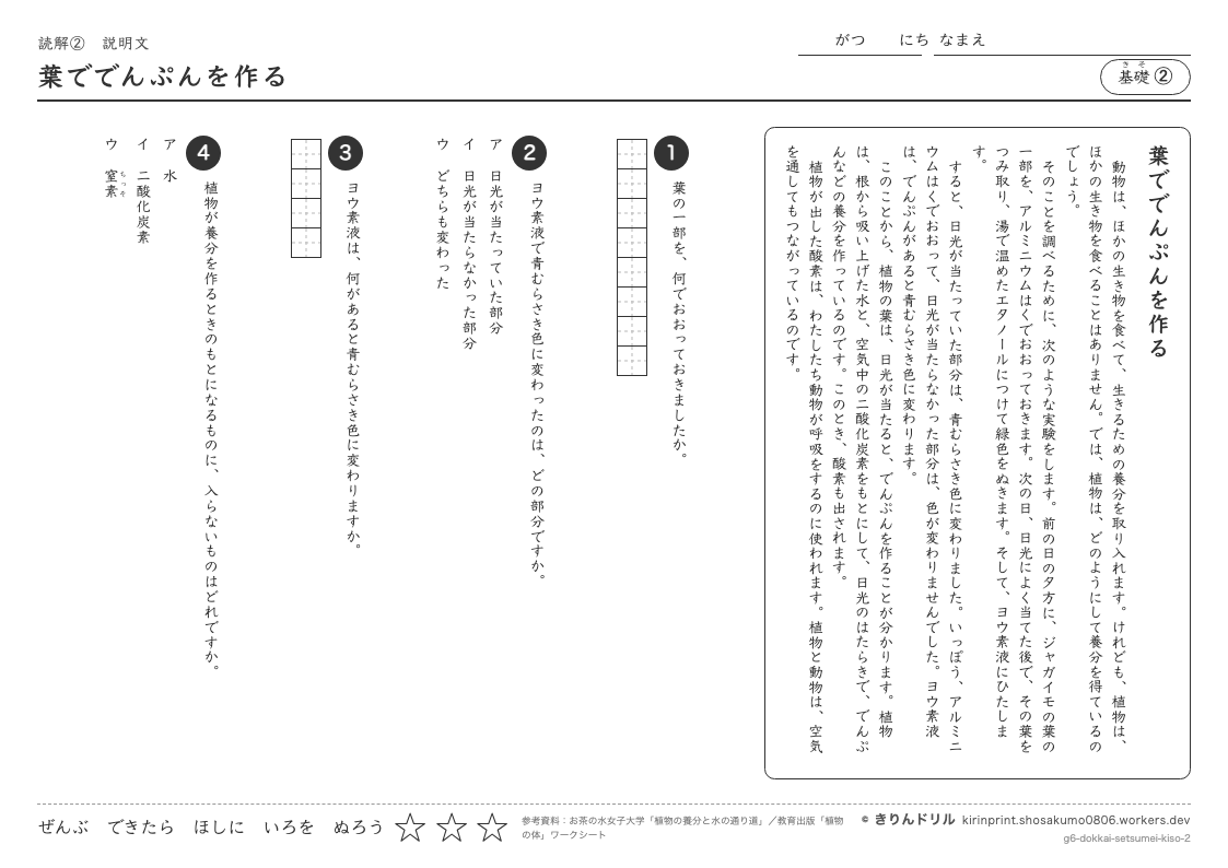 読解 説明文 基礎② 葉ででんぷんを作るのプレビュー